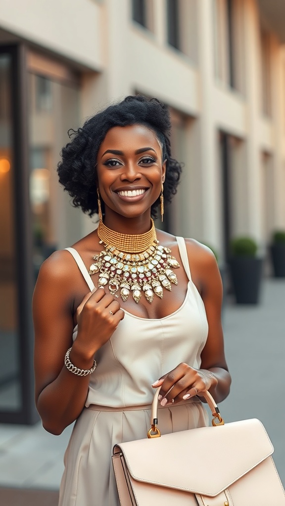 A black woman smiling while wearing a stylish outfit with a statement necklace and a handbag.