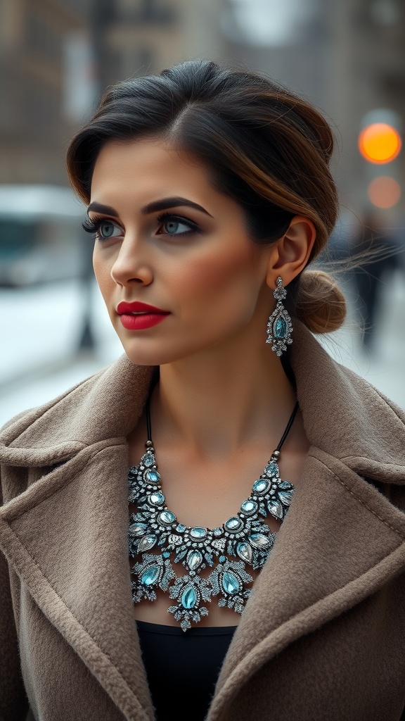 A woman with a stylish statement necklace and a beige coat, showcasing a professional winter look.