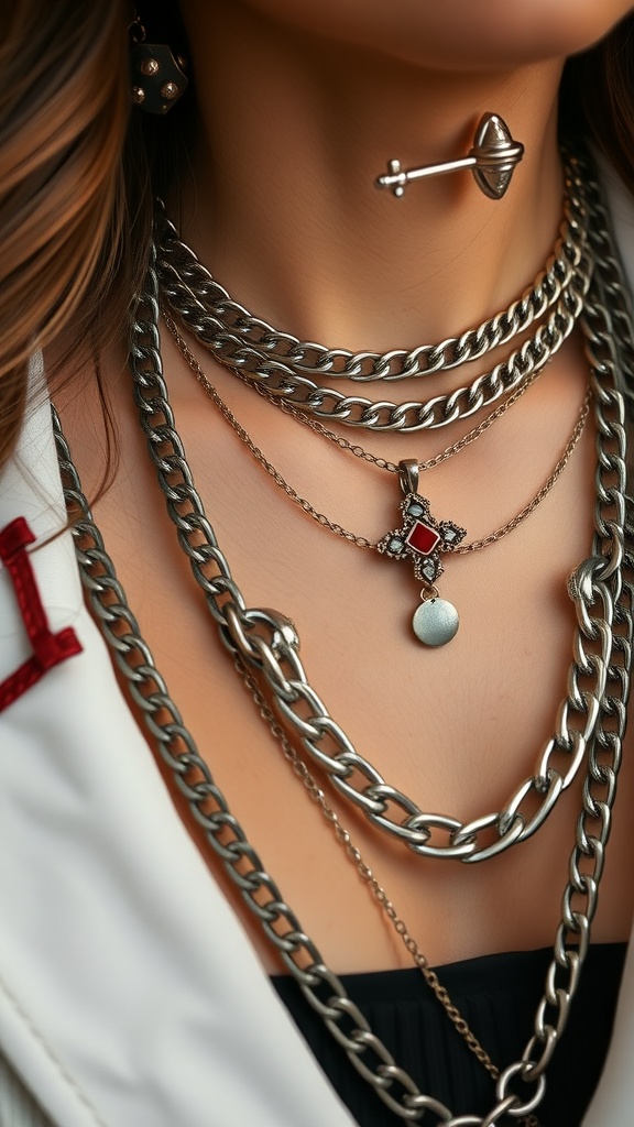 Close-up of layered silver chains and a pendant necklace worn by a woman, showcasing a rock chic style.