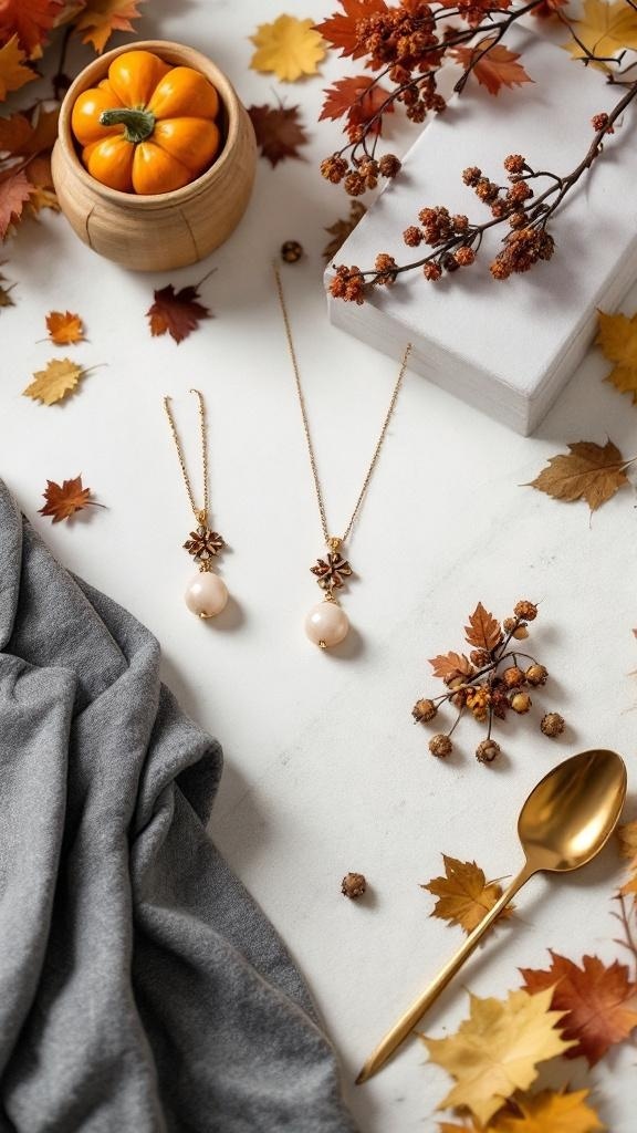 Fall-inspired jewelry including necklaces and earrings, surrounded by autumn leaves and a small pumpkin.