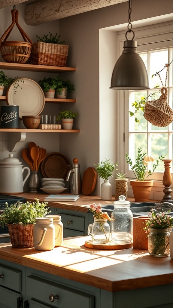 A cozy farmhouse kitchen with wooden shelves displaying jars, plants, and decorative signs.