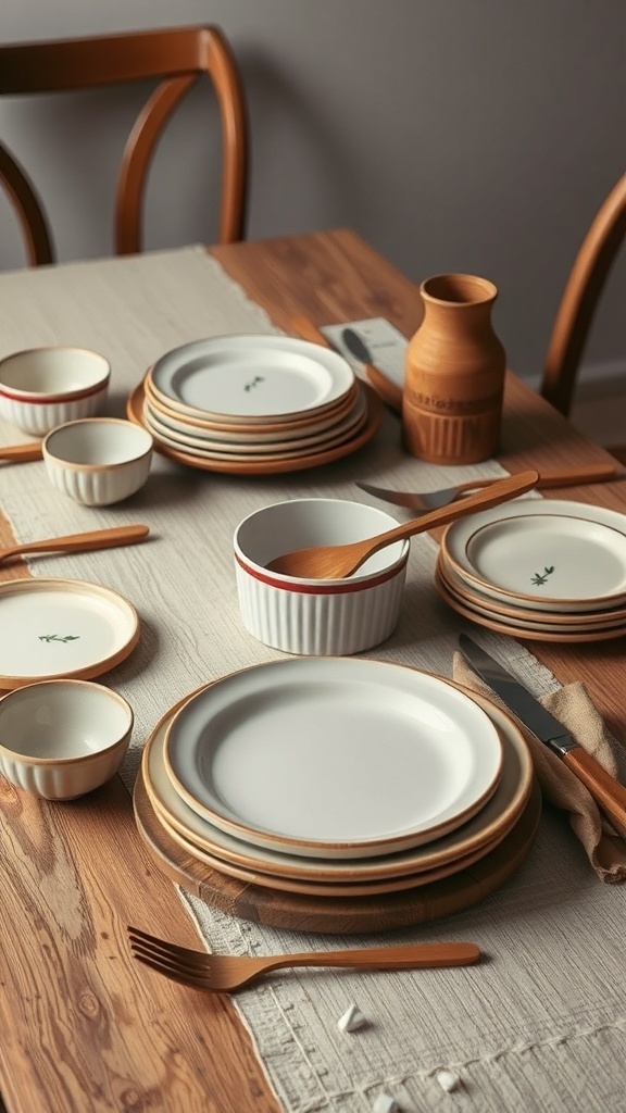 A rustic dining table set with wooden and ceramic tableware, including plates, bowls, and utensils.