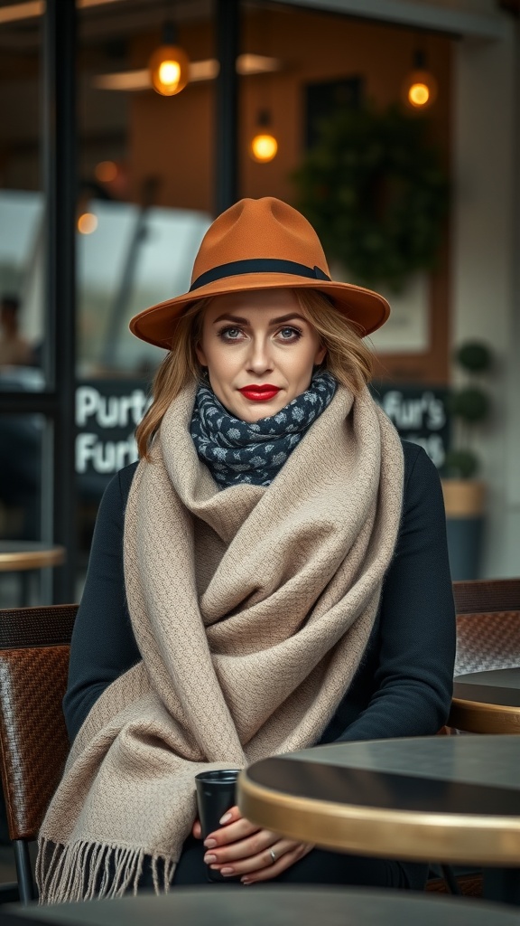 A woman wearing a brown hat and a beige scarf, sitting at a café table, showcasing a stylish fall business casual outfit.