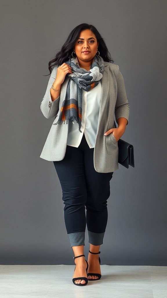 A plus-size woman in a business casual outfit with a blazer and scarf, accessorized with jewelry.
