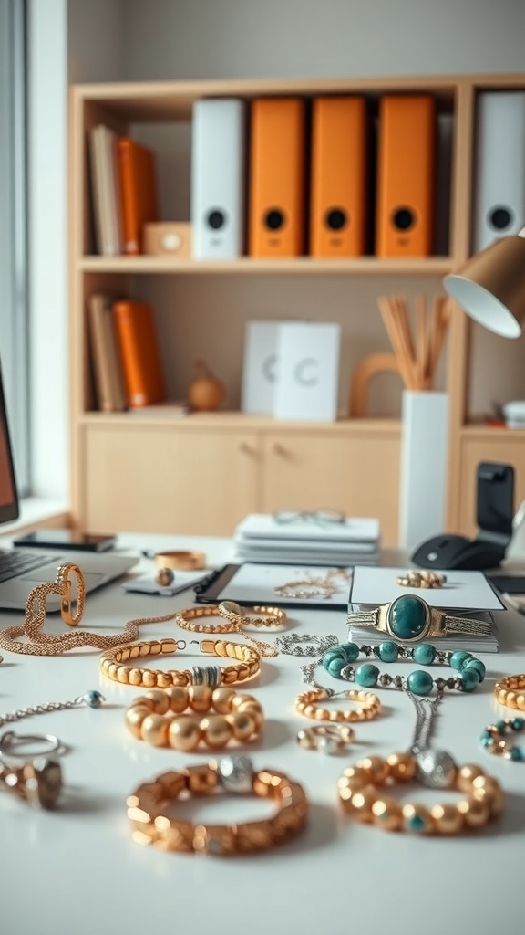 A collection of statement jewelry pieces displayed on a desk.