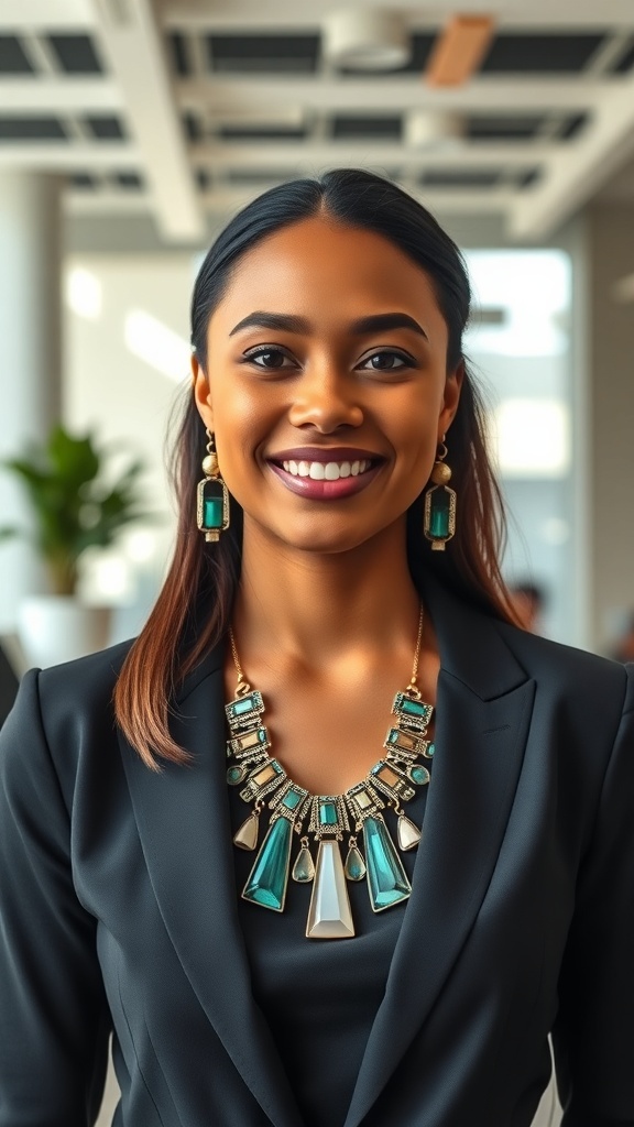 A young professional woman wearing a statement necklace and earrings, showcasing a business casual outfit.