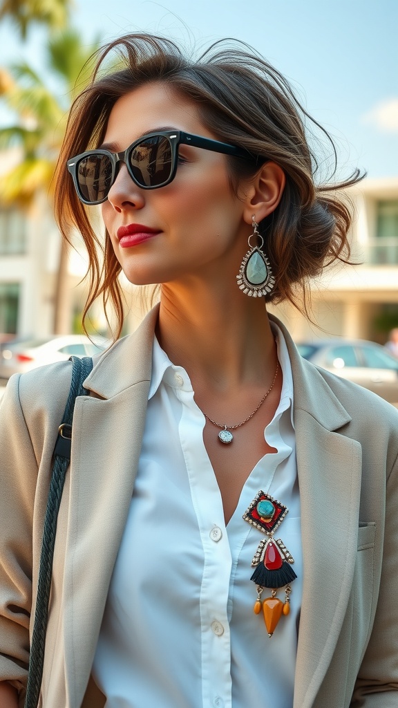 A woman in a business casual outfit with statement jewelry, including bold earrings and a colorful brooch, wearing sunglasses.