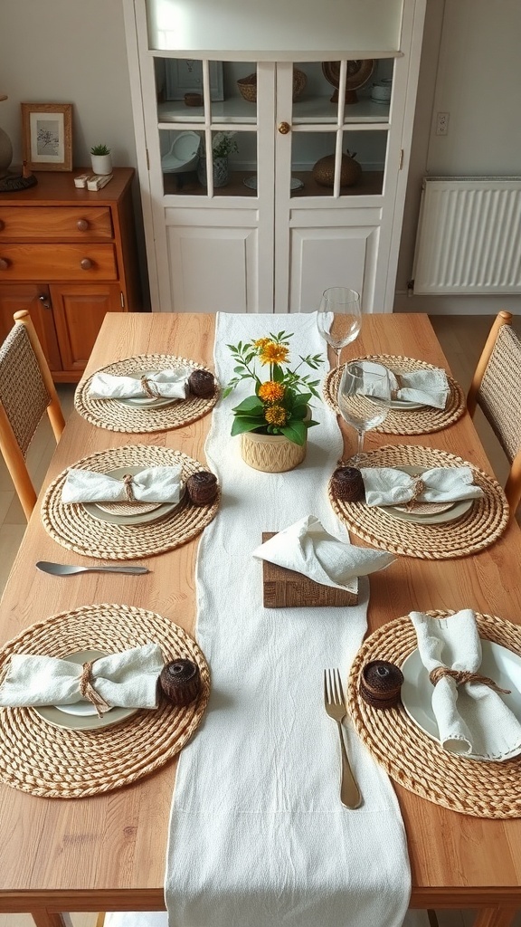 A rustic farmhouse dining table set with woven placemats, cloth napkins, and a simple floral centerpiece.