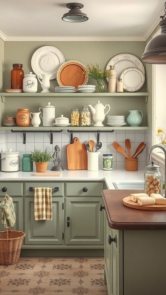 A sage green farmhouse kitchen with vintage accessories on display.