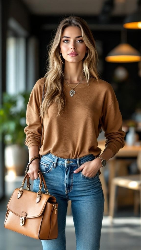 A woman in a brown sweater and blue jeans, accessorized with a handbag and layered jewelry, showcasing a business casual look.