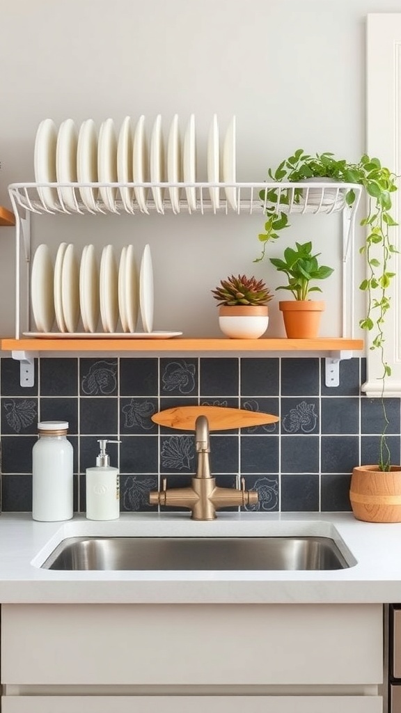 Farmhouse kitchen sink with a dish rack and potted plants above.