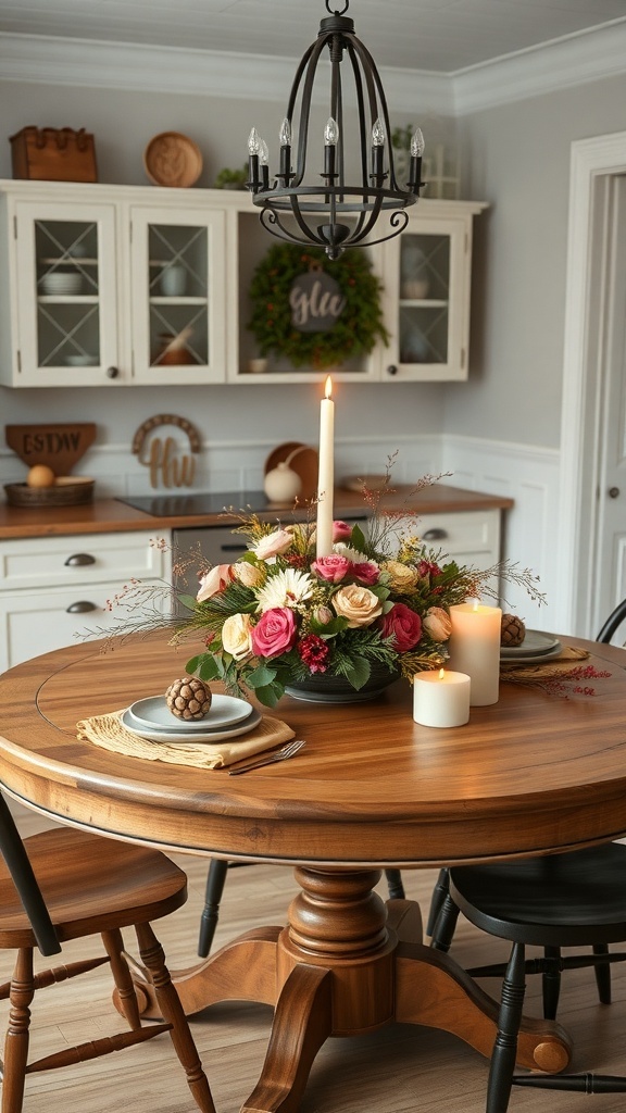 A round farmhouse kitchen table with a floral centerpiece and candles.