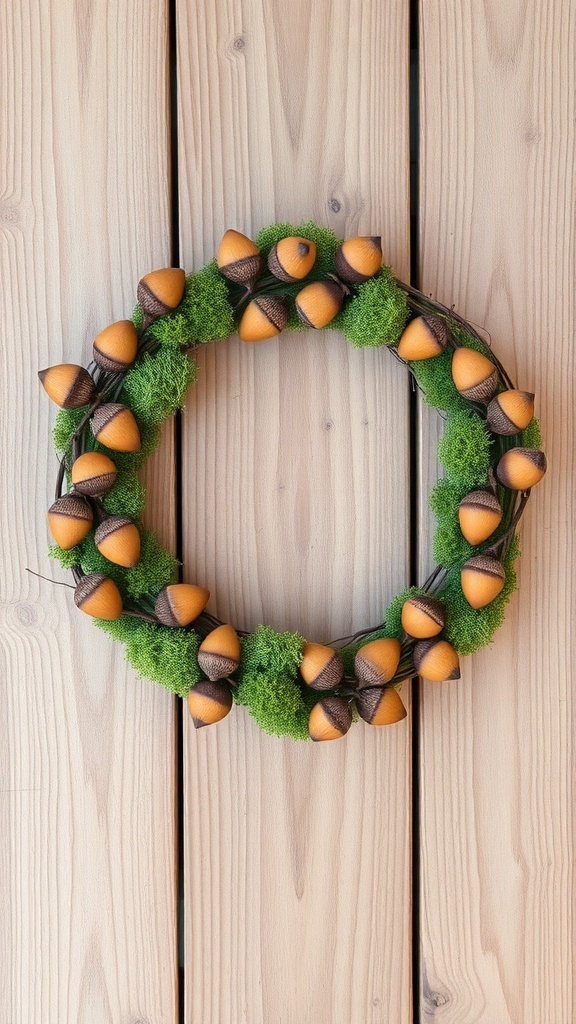 A wreath made of acorns and moss on a wooden background.