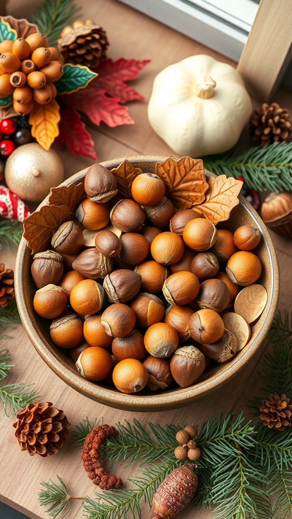 A bowl filled with acorns and nuts, surrounded by decorative leaves, pinecones, and a small white pumpkin.