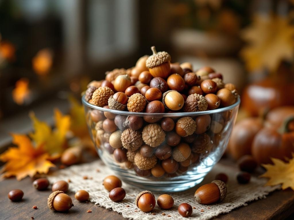 A glass bowl filled with various nuts and acorns, surrounded by autumn leaves.