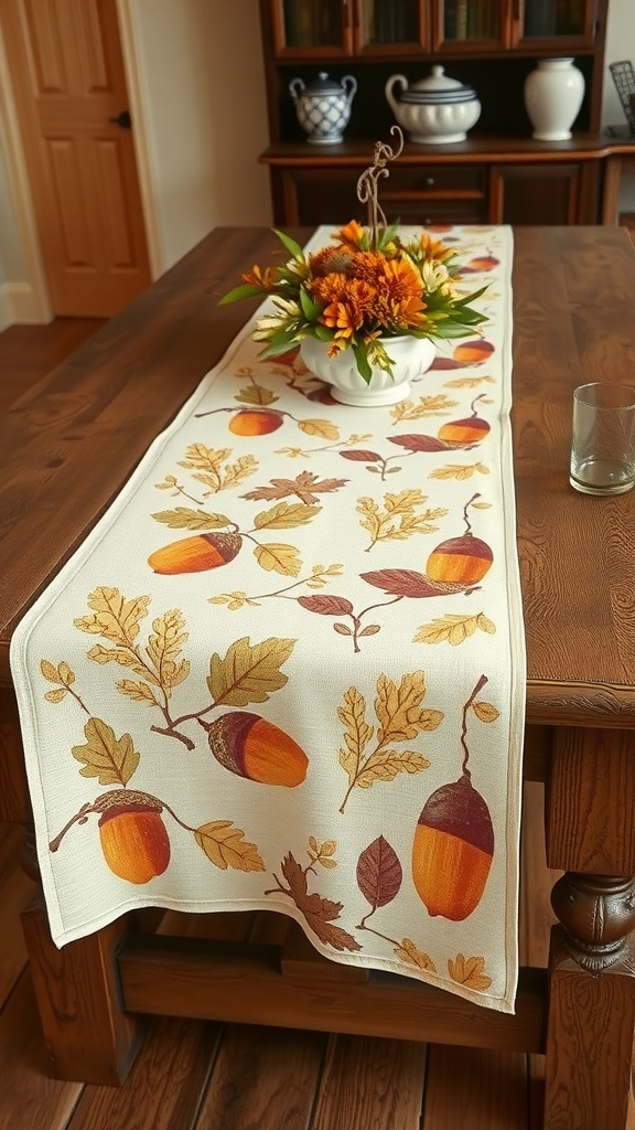A table runner with acorn and oak leaf prints on a wooden table, featuring a floral centerpiece.