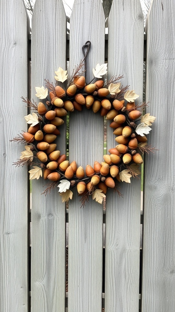 A fall wreath made of acorns and oak leaves hanging on a wooden fence.