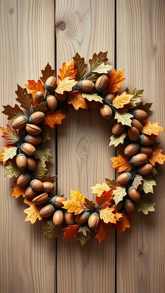 A decorative wreath made of acorns and oak leaves in warm autumn colors.