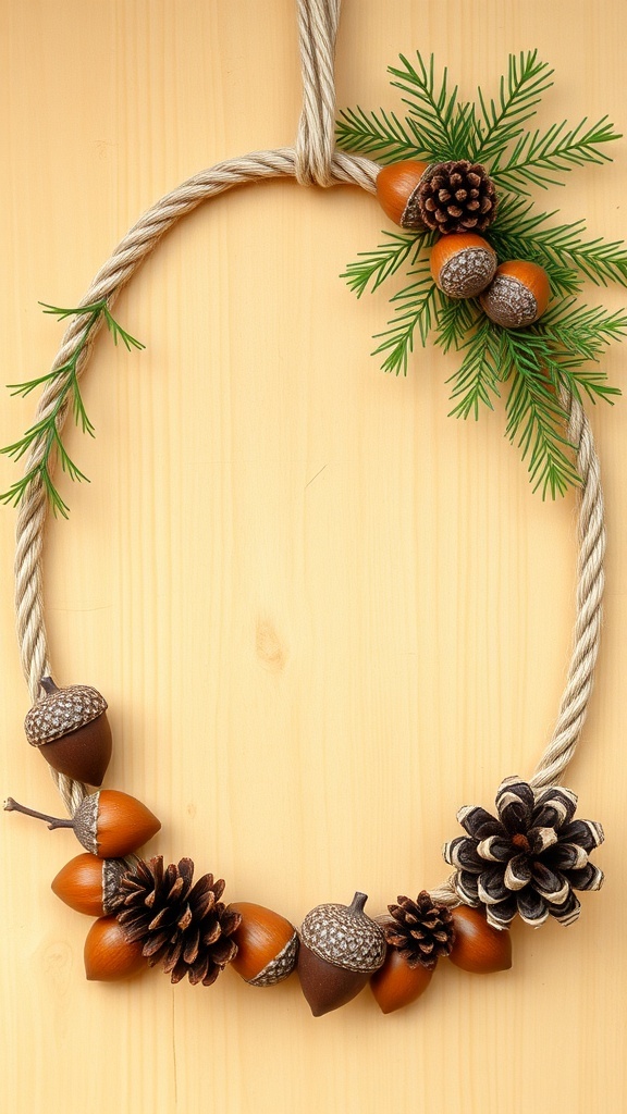 A fall door hanger featuring acorns and pinecones arranged on a rope.