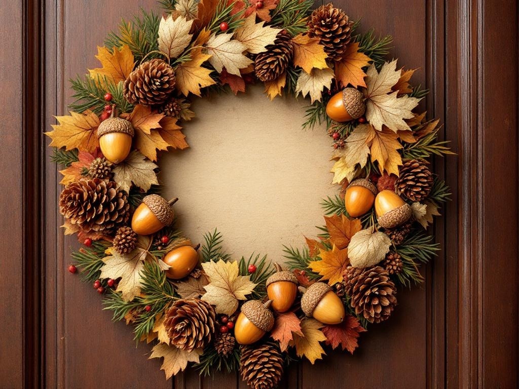 A Thanksgiving wreath made of acorns, pinecones, and autumn leaves.
