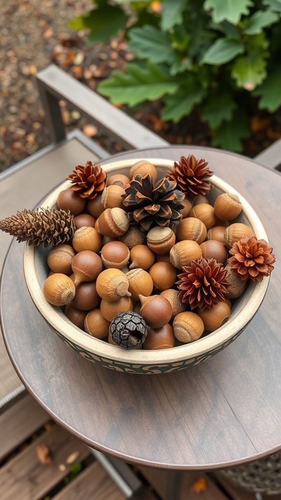 A bowl filled with acorns and pinecones on a wooden table