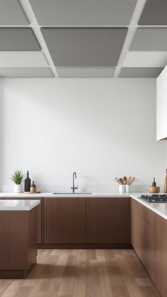 A modern kitchen featuring acoustic panels on the ceiling, designed for sound control.