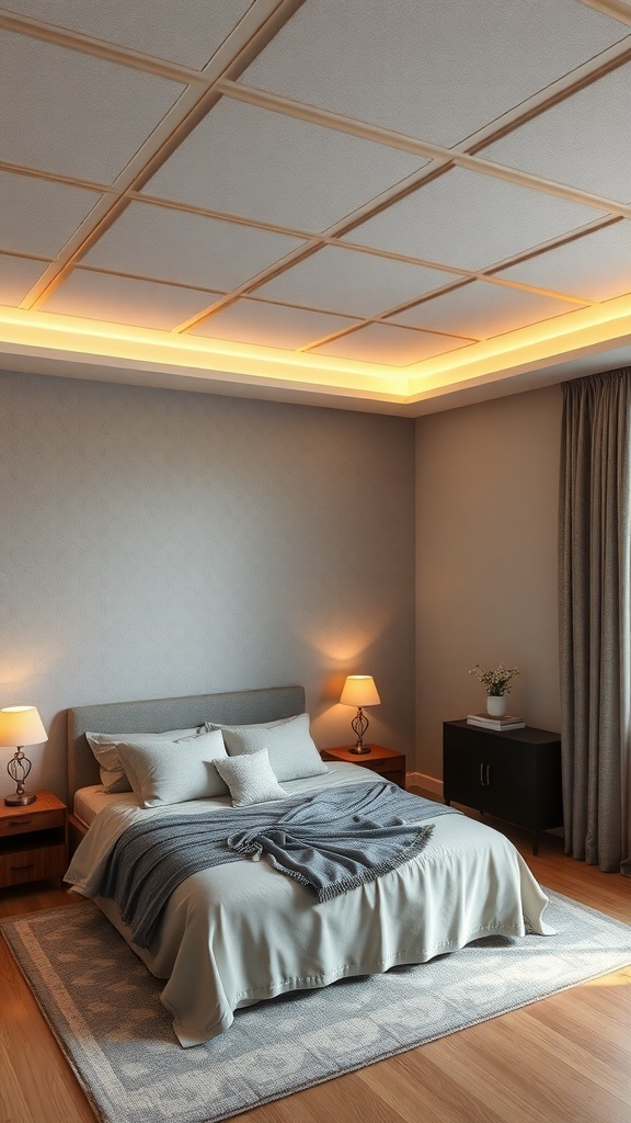A modern bedroom with a stylish ceiling design featuring acoustic panels for sound control.