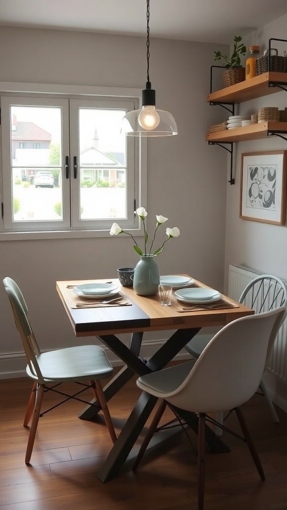 A rustic round dining table with two chairs, set in a small dining area.