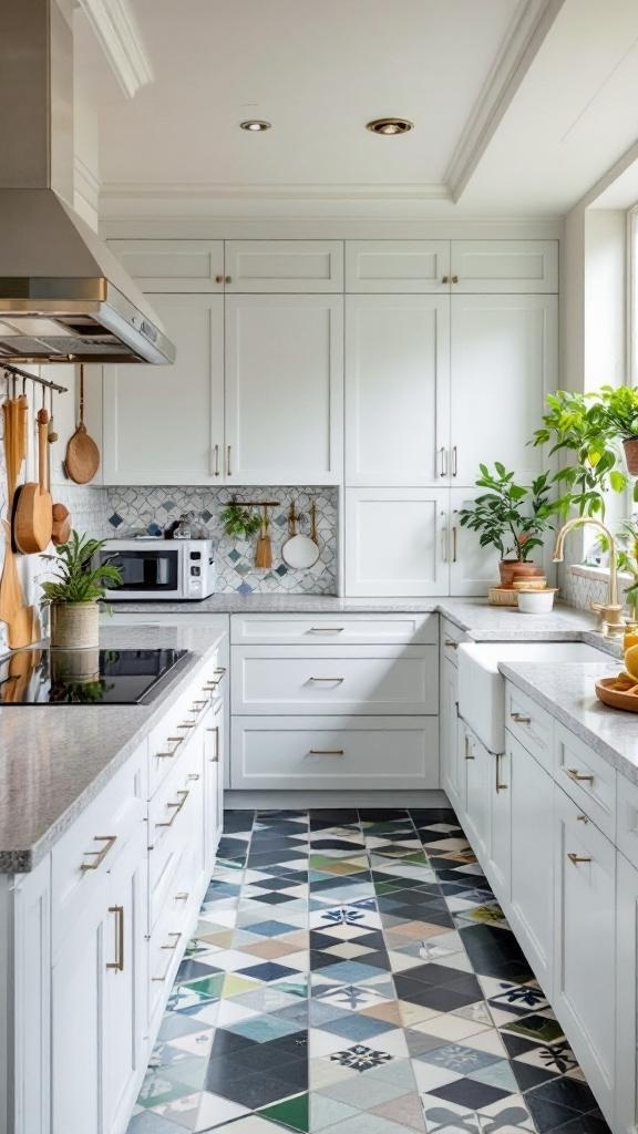 A bright galley kitchen featuring white cabinets, a patterned tile backsplash, and colorful floor tiles.