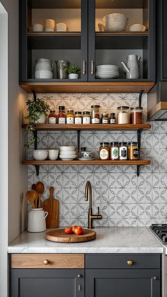 A small kitchen with a stylish backsplash and open shelves holding jars and dishes.