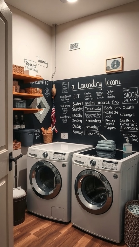 A tiny laundry room featuring a chalkboard wall filled with notes and reminders, along with modern washing machines and organized shelves.