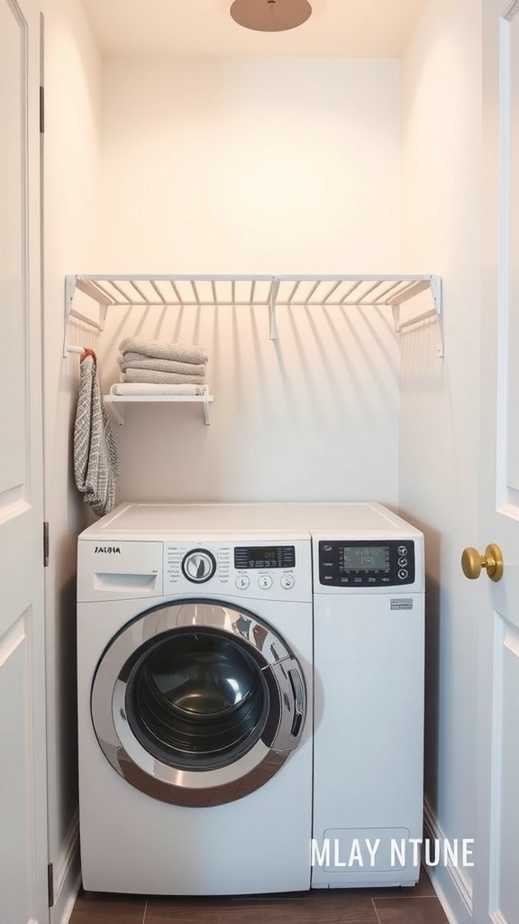 A compact laundry room featuring a washing machine and a pull-out drying rack above.