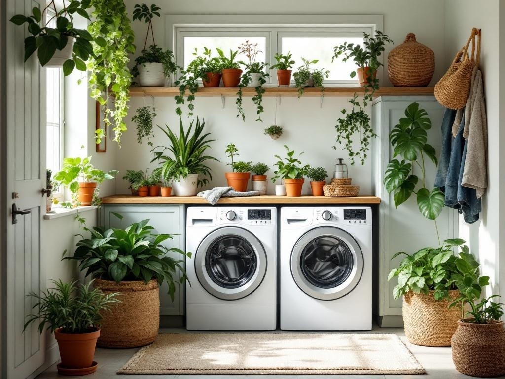 A bright laundry room with white appliances and various plants in pots, creating a fresh and inviting space.