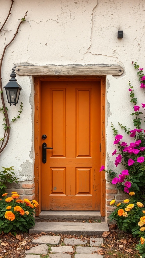 A rustic orange front door surrounded by colorful flowers and greenery.