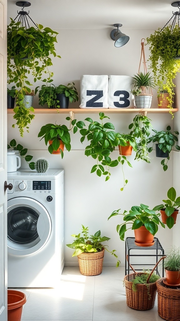 A bright laundry room filled with various green plants and a washing machine.