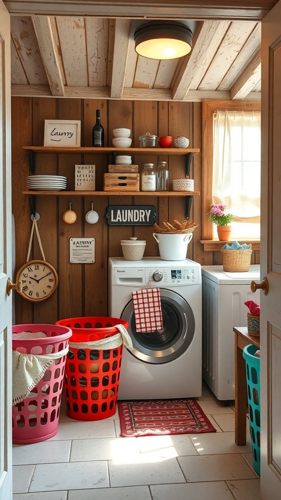 A cozy rustic laundry room featuring white appliances, colorful laundry baskets, and wooden accents.