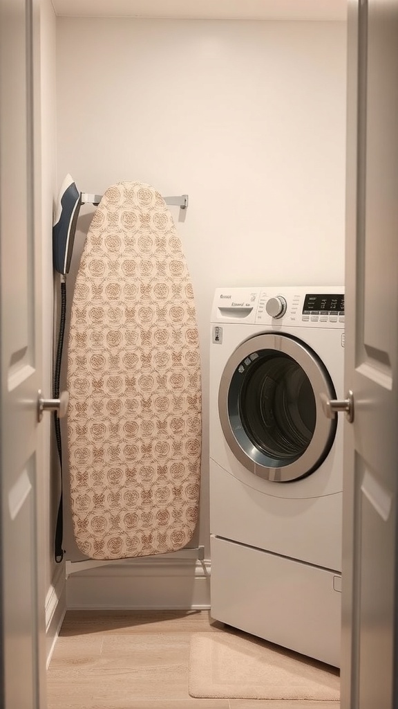 A wall-mounted ironing board in a small laundry room next to a washing machine.