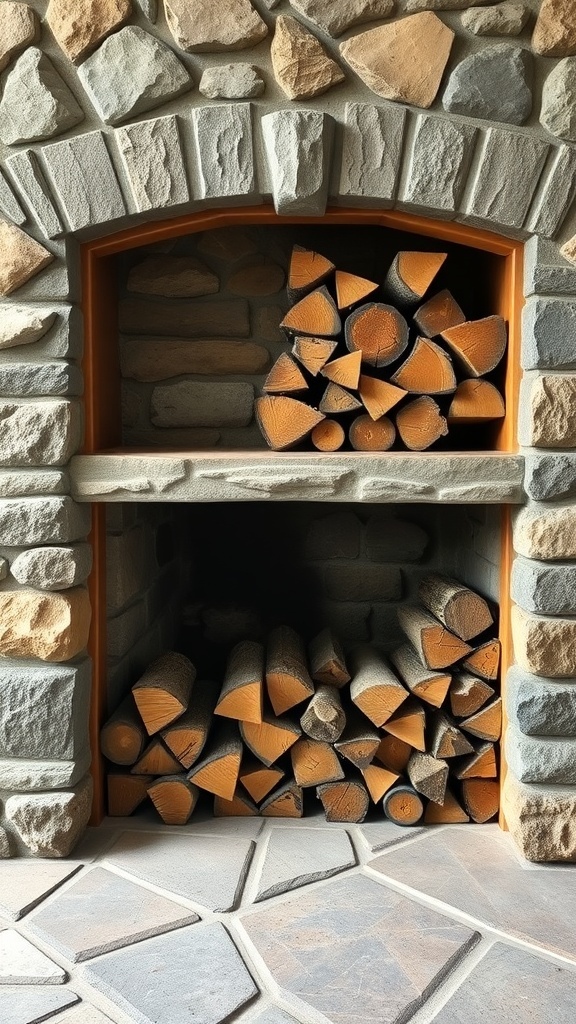 A rustic stone fireplace with neatly stacked firewood in a storage area.