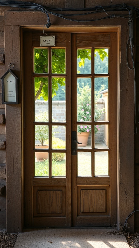 A rustic wooden door with glass panels, showcasing a garden view.