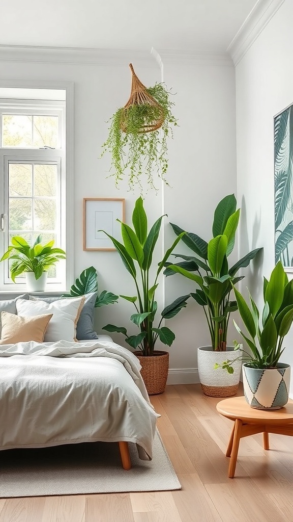 A modern bedroom featuring various indoor plants, including a hanging plant and tall leafy greens, creating a fresh and inviting atmosphere.
