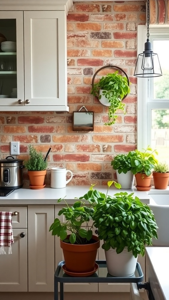 Farmhouse kitchen with brick backsplash and potted plants