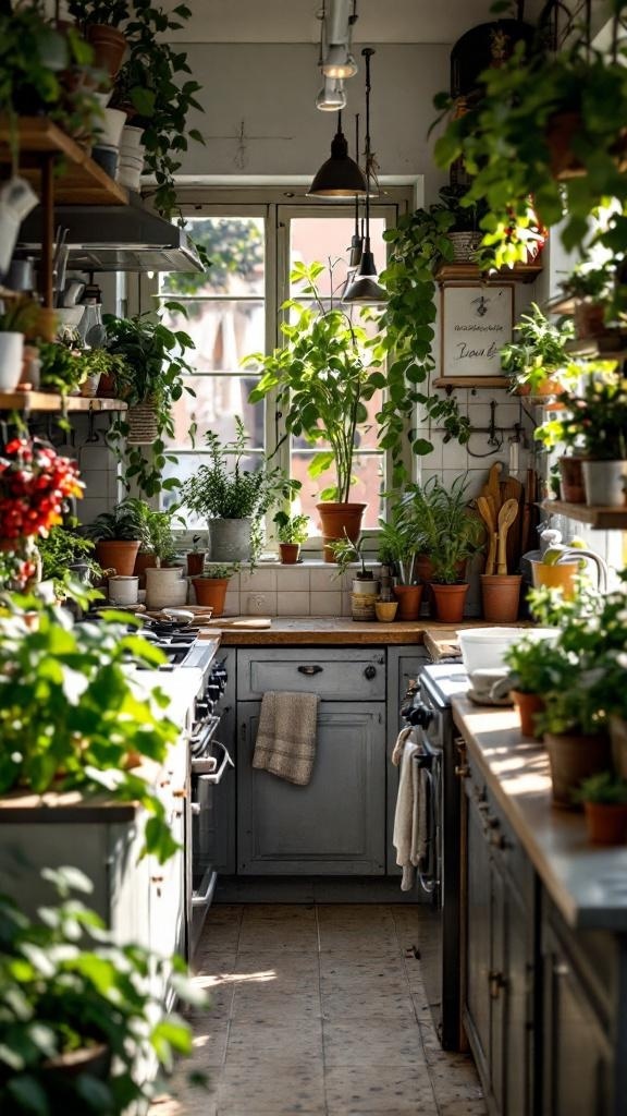 A cozy galley kitchen filled with various plants, showcasing a fresh and inviting atmosphere.