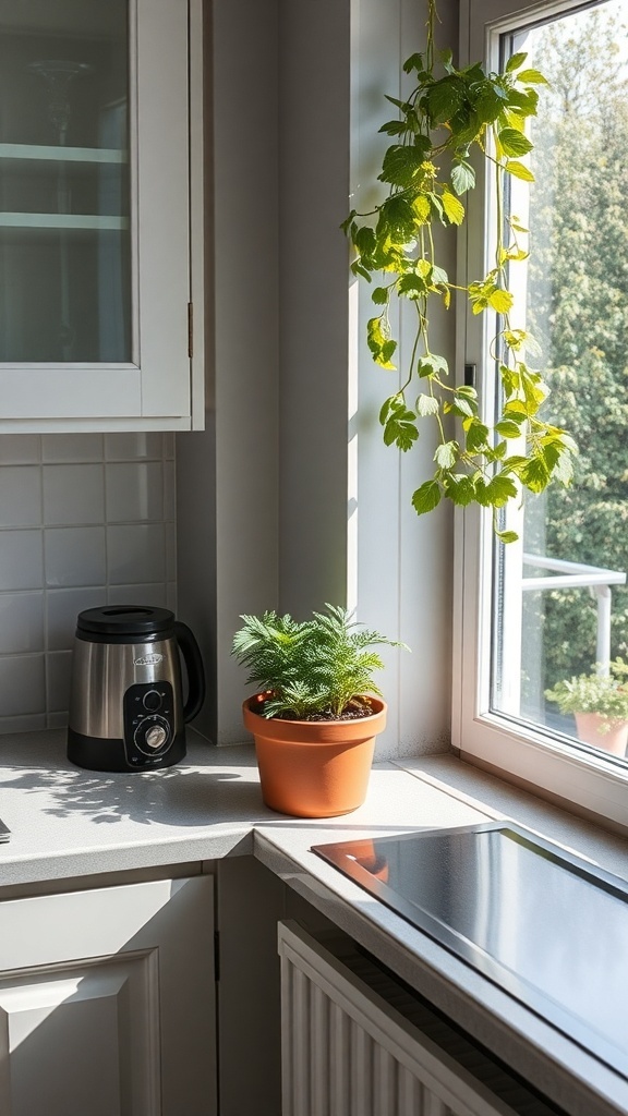 A bright kitchen corner with a potted fern and a hanging plant by the window.