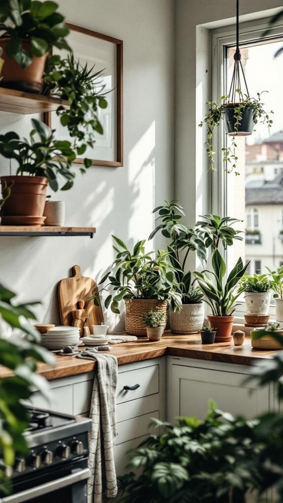 A cozy kitchen filled with various indoor plants, showcasing a warm atmosphere with wooden countertops and white cabinets.
