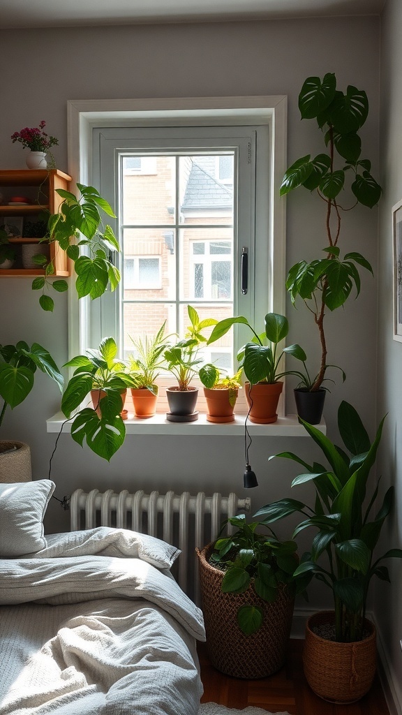A cozy bedroom with various indoor plants on the windowsill and around the room.