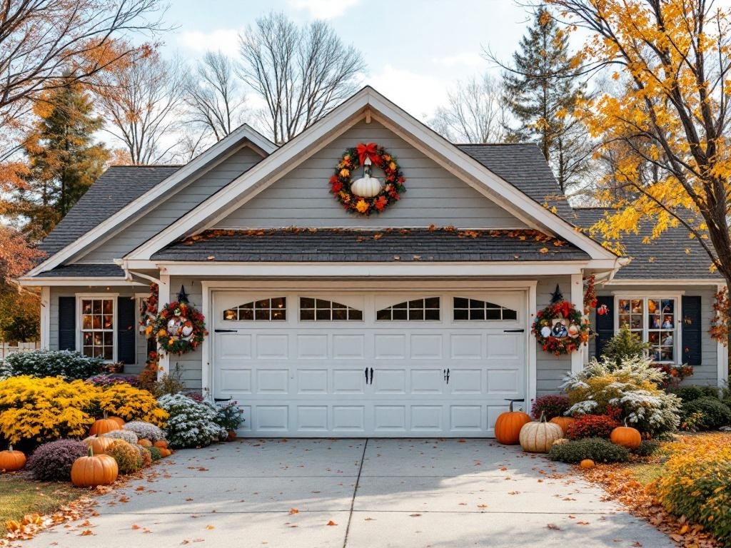 A beautifully decorated garage for Thanksgiving with pumpkins and colorful flowers.