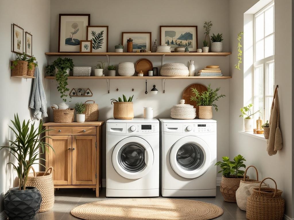 A small laundry room with two washing machines, open shelves with decorative items, and plants.