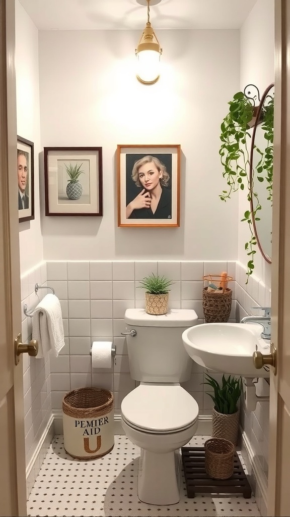 A cozy bathroom featuring framed artwork, plants, and stylish storage solutions.