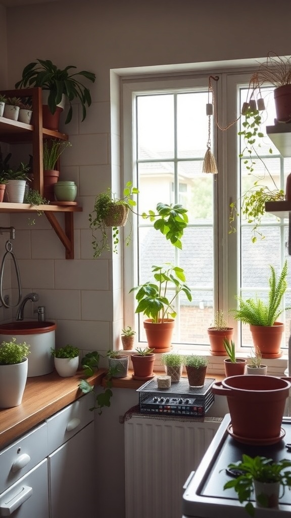 A small kitchen with various potted plants on shelves and windowsills, creating a fresh and inviting atmosphere.