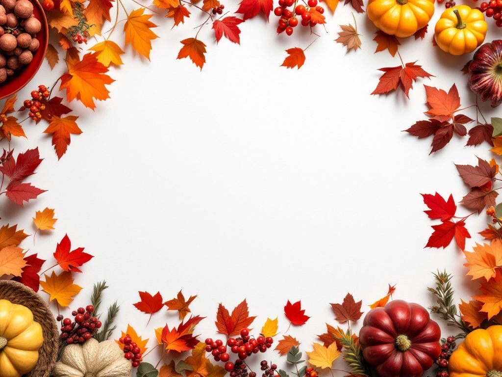 A colorful arrangement of autumn leaves, pumpkins, and berries on a white background, perfect for Thanksgiving place settings.